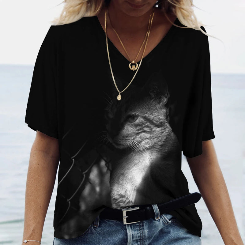 Fashion Woman Blouses 2023 T-Shirt Women's 3d Cats Print Black Kawaii T Shirt Female Clothing Oversized Summer Ladies V-Neck Top