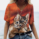 the RAINBOW KITTY - V-Neck T-shirt Women's Summer Casual Oversize Dazzle Color Cats Print Shirt Short Sleeve Top Vintage Streetwear