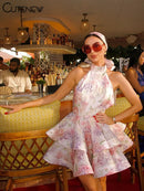 the DIXIE PIXIE - Halter Lace Up Sweet Women Mini Dress, Sexy Backless Ruffle Stacked A-Line Bodycon Female Fashion Princess Party Dress