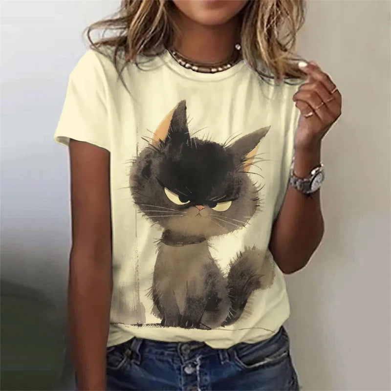 the MAD CAT - 3D Printed Cute Cat Round Neck Short Sleeve Loose T-Shirt for Women