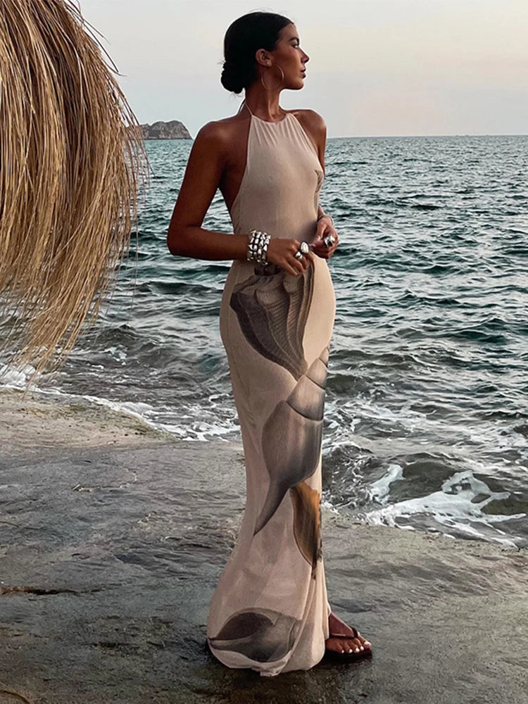 the BETHANY - Sexy Lace Up Sleeveless Off the Shoulder High Waist Backless Halter Vacation Beach Maxi Dress