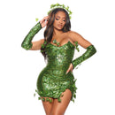 the POISON IVY - Halloween Poisonous Villain Costume Deluxe Sexy Green Elf Cosplay Sequin Dress with Leaves Carnival Party Outfit