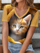 the MOON CAT - Cat Printed Short Sleeve Oversized V-Neck T-Shirts for Women
