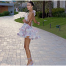 the SIXTEEN CANDLES - Sexy Flare Sleeve V-Neck Printed Mini Dress, Fashion Pleated A-line High Waist Gown New Lady Summer Evening Party/Club Dress