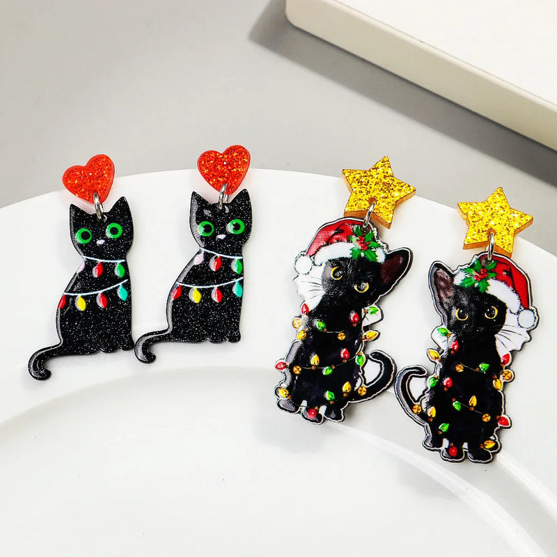 the BLACK CAT COLLECTION - Christmas Hat Black Cat Acrylic Earrings Pendant Cute Xmas Colored Lights Cats Drop Earring New Year Jewelry Gifts