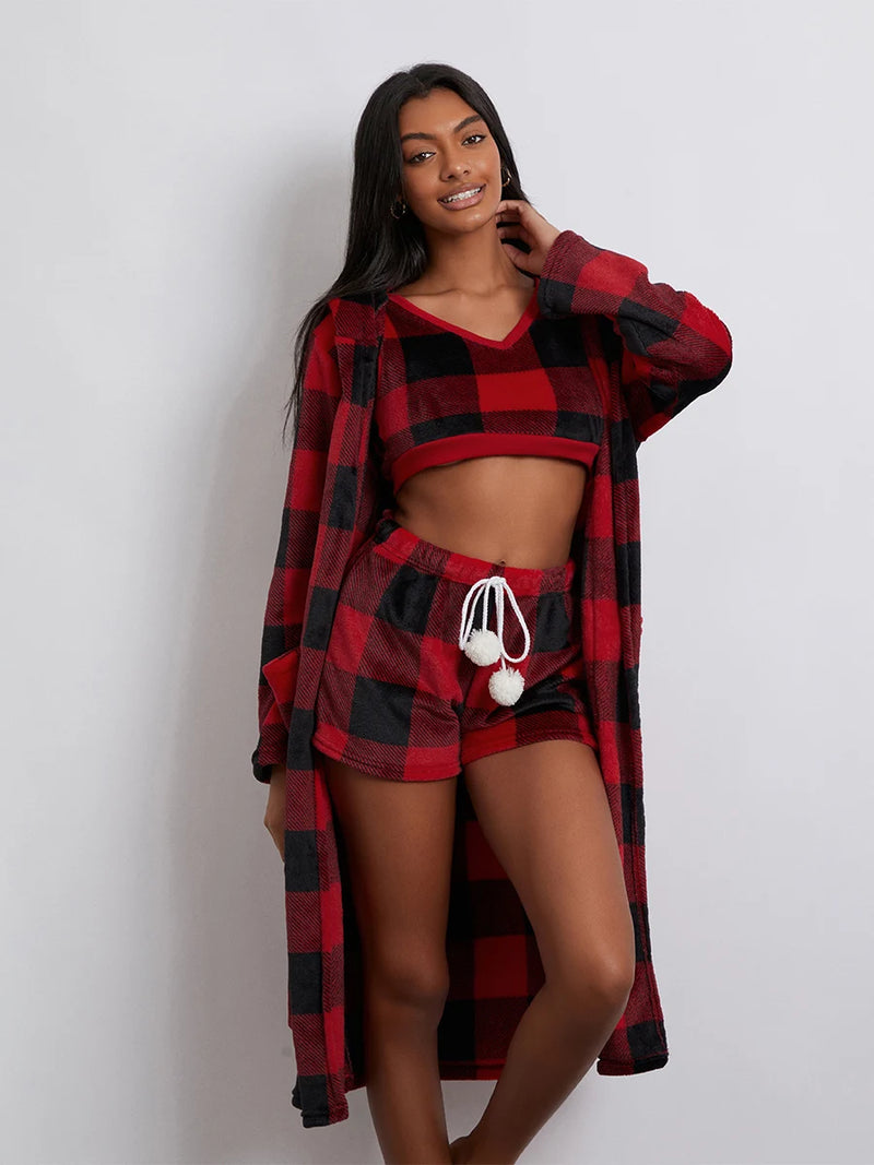 the PLAID PAJAMAS - Fall Winter Plaids 3 Piece Pajamas Sets Warm Loungewear Sleeveless Straps Crop Tank Tops+Shorts+Long Sleeve Robe