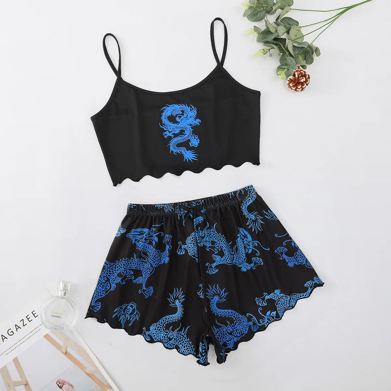 the SWEET DREAMS - Chinese Dragon Element Pajamas Set for Women Spaghetti Strap & Shorts Sleepwear