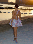 the BALLERINA - Flower Print Fluffy, Women's Lace Up Slimming Strap Party Gown Pleated Skirt Hemline Halter Beach Suspender Dresses