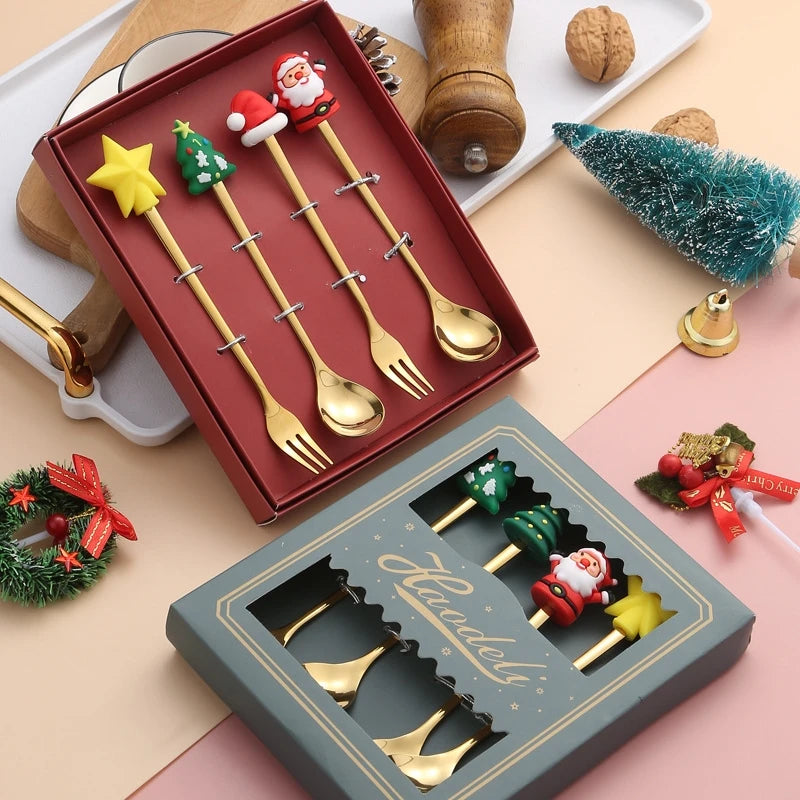 the FANCY SERVING - Christmas Gift Elk Head Christmas Tree Shape Stainless Coffee Spoon Set New Year Christmas Decoration Navidad 2025 Gifts