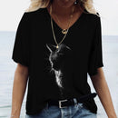 the CAT SILHOUETTE - 3D Print Oversized V-Neck Cat Fashion T-Shirts for Women