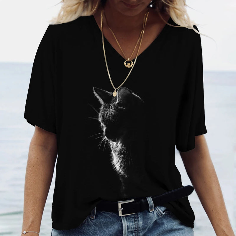 Fashion Woman Blouses 2023 T-Shirt Women's 3d Cats Print Black Kawaii T Shirt Female Clothing Oversized Summer Ladies V-Neck Top