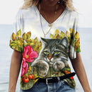 the RAINBOW KITTY - V-Neck T-shirt Women's Summer Casual Oversize Dazzle Color Cats Print Shirt Short Sleeve Top Vintage Streetwear