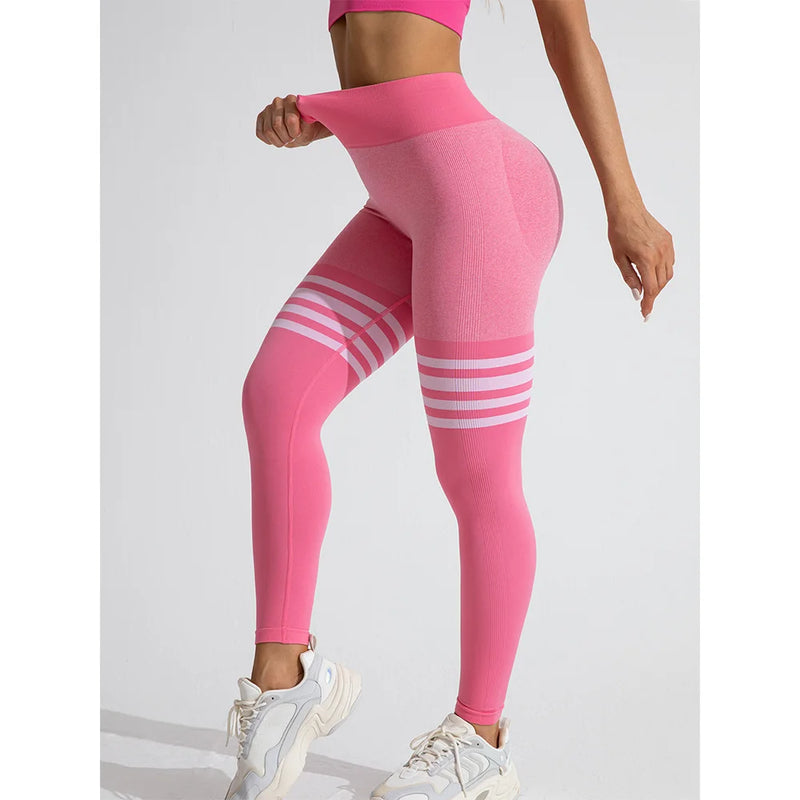 Women Seamless Stripe Yoga Leggings Sexy High Waist Tummy Control Scrunch Butt Lifting GYM Workout Pants Outdoors Sports Fitness