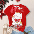 the LUCKY CAT - Lucky Cat Cartoon Print Fashion Casual Short Sleeve Oversized T-Shirts for Women