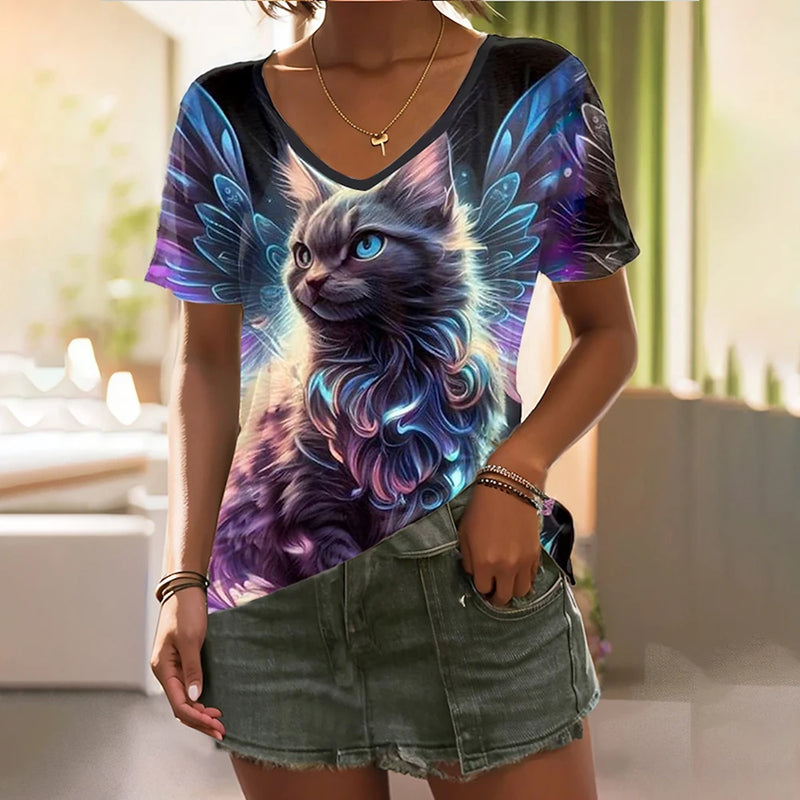 the ANGELIC CAT - 3D Cat Print Short Sleeve V-Neck Fashion Casual T-Shirts for Woman