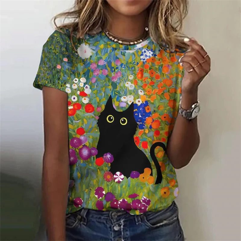 the PAINTED CAT - Flower Cat 3D Print Casual Fashion Short Sleeve O-Neck T-Shirts for Women