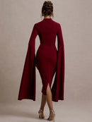 the MERLOT - Cape Long Sleeve Sexy Midi Dress for Women Autumn/Winter New Square Collar Back Slit Bodycon Club Party Long Dress