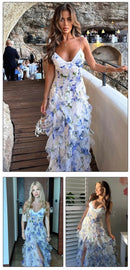 the FLOWER GIRL - Colorful Floral Printing Beach Long Dresses, Summer Chic Spaghetti Straps Backless Princess Fairy Maxi Dress