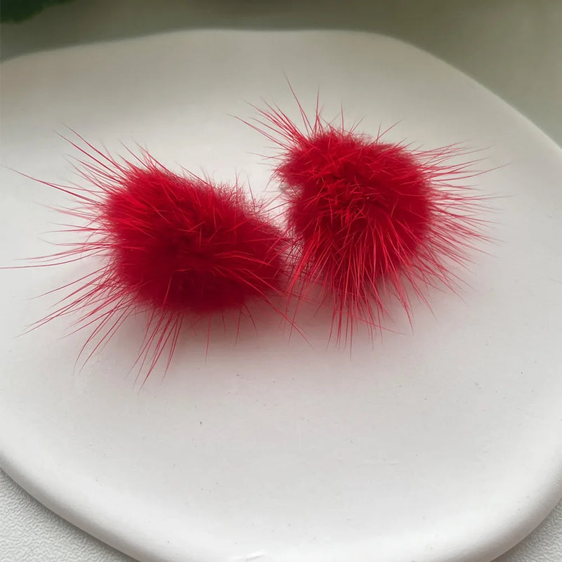 the FURBALL COLLECTION - Genuine Mink Fur Ball Fur Pom Pom Stud Earrings SoftJewelry Cute Christmas Gift