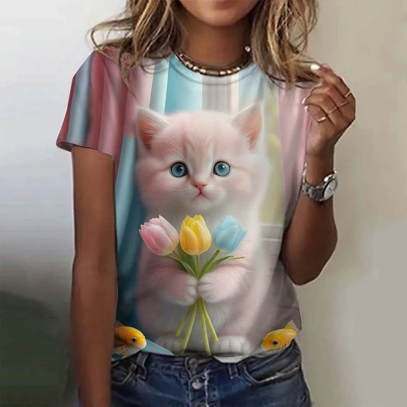 the CUTESY CAT - Cute Cat Pattern 3D Print Short Sleeve Casual Fashion Oversized T-Shirts