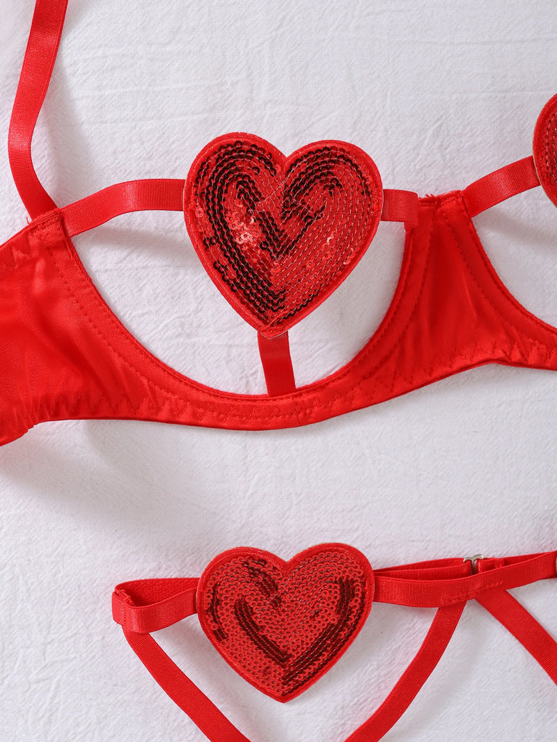 the HEART THROB - Sexy Red Lingerie Woman Fancy Sequined Hollow Cup Underwear 3-Piece Bra Intimate Exotic Set Valentine's Day