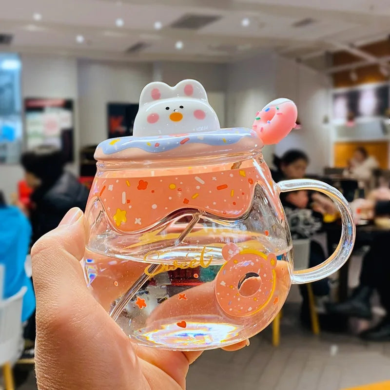 Cute Donut Ceramic Coffee Mug with 3D Animal Cat Lid and Stirrer, Kids Water Cup, Creative, Large Capacity, Gift for Girl, 400ml