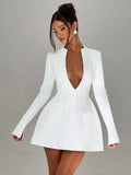 the MORGAN - Elegant Deep V-Neck A-Line Blazer Dress Long Sleeve High Waist Tunic Short Evening Party Dress