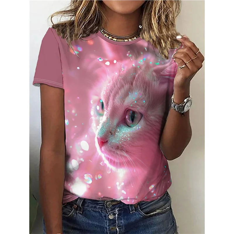 Funny Cat Pattern T Shirt For Women Cute Animal 3D Printed Short Sleeves Summer Oversized T-Shirts O-Neck Tops Tees Streetwear