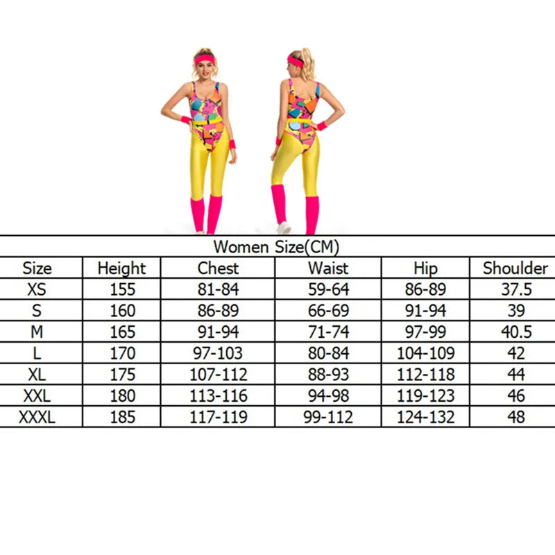 the 80'S RETRO WORKOUT - 6Pcs/Set Adult Retro 80s Hippie Disco Cosplay Costume Jumpsuit Headband Sportwear Outfits Halloween Carnival Party Suit