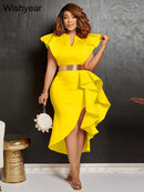 the SUNDAY BEST - Sexy Flare Short Sleeve High Side Split Ruffles Bodycon Midi Dress, Elegant Women Autumn Evening Wedding Party/Birthday Dress