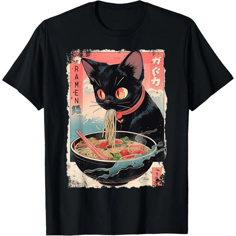 the NOODLE CAT - Delicious Noodles 3D Printed Short Sleeves O-Neck Loose T-Shirts for Women