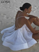 the BEACH BARBIE - Beach Backless Short Puffy Sling Dress, Women Sexy Lace Up Sleeveless A-Line Dresses, Summer Lady Vacation Seaside Solid Dress
