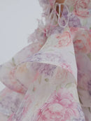 the BALLERINA - Flower Print Fluffy, Women's Lace Up Slimming Strap Party Gown Pleated Skirt Hemline Halter Beach Suspender Dresses