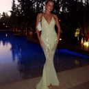 the LEMONELLO - Yellow Sequins Maxi Beach Dress, Women Sexy Backless Slim Party Fishtail Dress, Summer Mesh Patchwork Sheer Holiday Dress