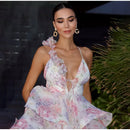 the SIXTEEN CANDLES - Sexy Flare Sleeve V-Neck Printed Mini Dress, Fashion Pleated A-line High Waist Gown New Lady Summer Evening Party/Club Dress