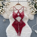the SECRET SANTA - Christmas Red Top Sexy Patchwork Bodysuit Cosplay Erotic Lingerie Winter Strap Pajamas Nightwear