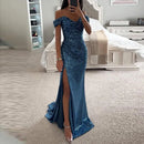 the CHLOE - Elegant Gown Dress V-Neck Off Shoulder Sequin Pleated Waist Tight Evening Split Long Maxi Dress