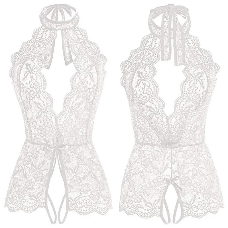 the BACKDOOR - Sexy Lingerie Lace See Through Teddy Bodysuit Fantasy Nightwear Open Crotch Babydoll Underwear