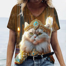 the ROYAL CAT - 3D Cat Print Casual Short Sleeve V-Neck Oversized T-Shirts for Women