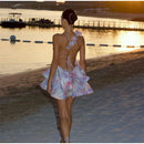 the SIXTEEN CANDLES - Sexy Flare Sleeve V-Neck Printed Mini Dress, Fashion Pleated A-line High Waist Gown New Lady Summer Evening Party/Club Dress