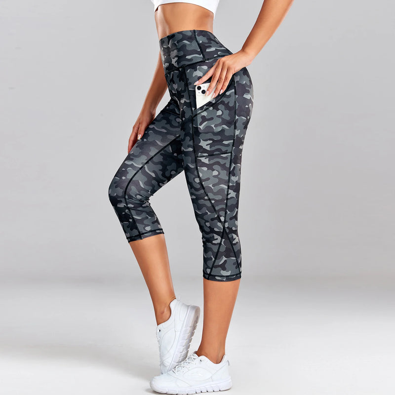 the CAPRI LEGGINGS - Leopard Yoga Pants Capris Cropped Leggings with Pocket Gym Sport Pants Camo Jogging Tights Female Fitness Clothes