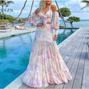 the PINK PALISADE - Sexy Sweet Print Full Sleeve Off Shoulder Chiffon High Waist Women A-Line Maxi Dress