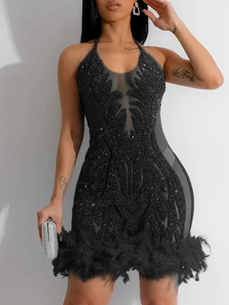 the ROXANNE - Sexy Elegant Slip Sequin See-Through Mesh Midi Evening Dress