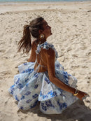 the BALLERINA - Flower Print Fluffy, Women's Lace Up Slimming Strap Party Gown Pleated Skirt Hemline Halter Beach Suspender Dresses