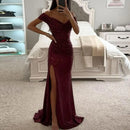 the CHLOE - Elegant Gown Dress V-Neck Off Shoulder Sequin Pleated Waist Tight Evening Split Long Maxi Dress