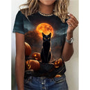 the WITCH'S CAT - Cute Cat Pumpkin 3D Printed Short Sleeves Summer Leisure Tees O-Neck T-Shirts, Halloween Witch Pattern T-Shirts for Women