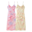 the PRETTY N PINK - Women's Clothing Sleeveless Wave-Edge Sling Dress V-Neck Sexy Ruffles High Waist Colorful Dress