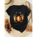 the WITCH'S CAT - Cute Cat Pumpkin 3D Printed Short Sleeves Summer Leisure Tees O-Neck T-Shirts, Halloween Witch Pattern T-Shirts for Women