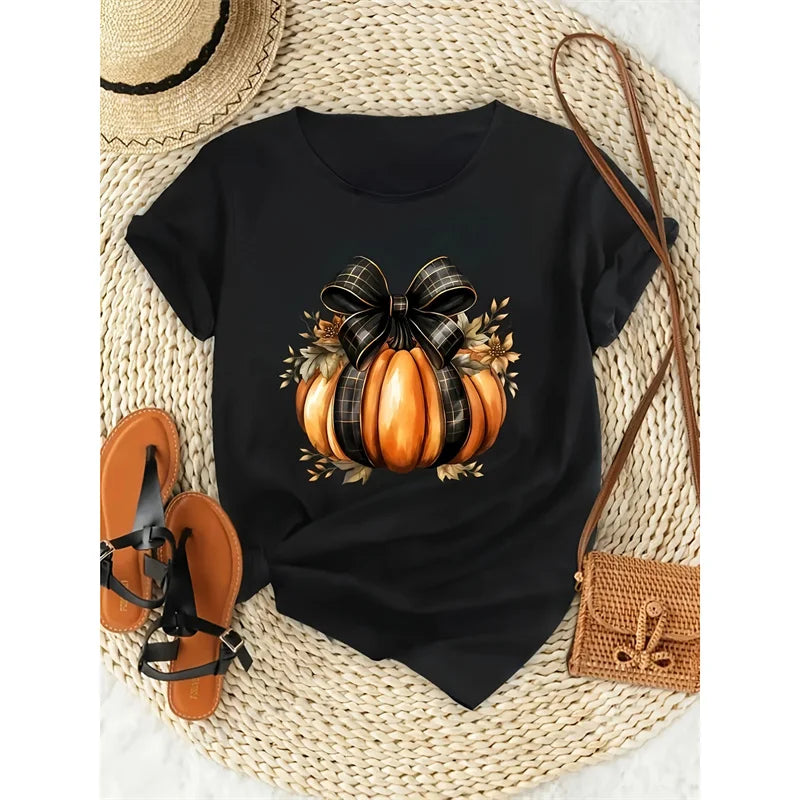 Halloween Witch Pattern T Shirt For Women Cute Cat Pumpkin 3D Printed Short Sleeves Summer Leisure Tees O-Neck Tops T-Shirts