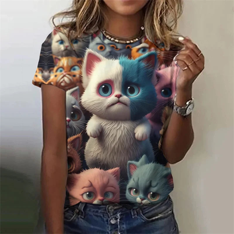 the CAT CROWD - 3D Printed Animal Cute Cat Pattern Short Sleeves Loose Crew Neck Oversized T-Shirts for Women